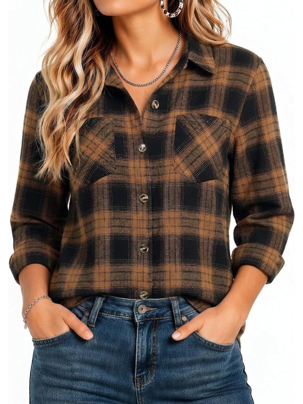 Women's Brown Flannel Plaid Long Sleeve Button Down Imported Tops Work Blouse